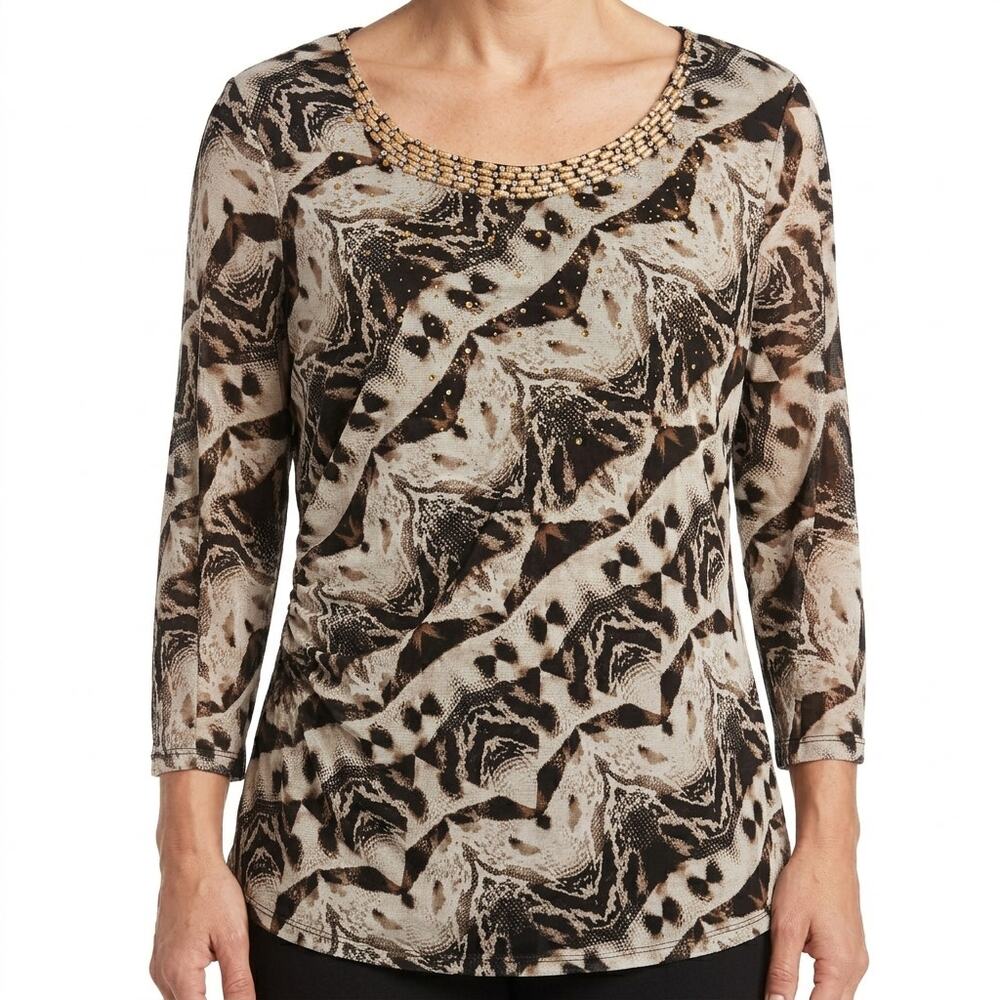 Alfani Brown Cream Animal Print Long Sleeve Beaded Scoop Neck Blouse Top size L